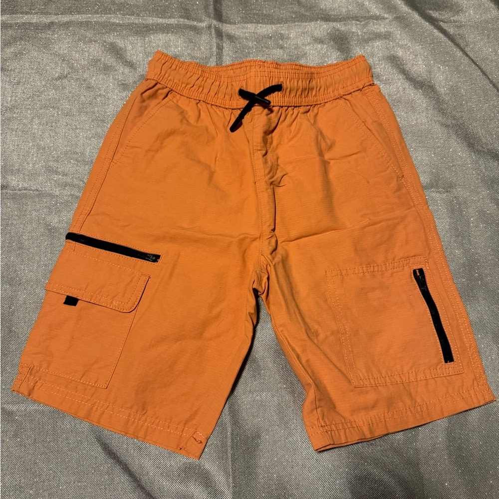 Orange Cargo Shorts with Elastic Waistband and Black Accents